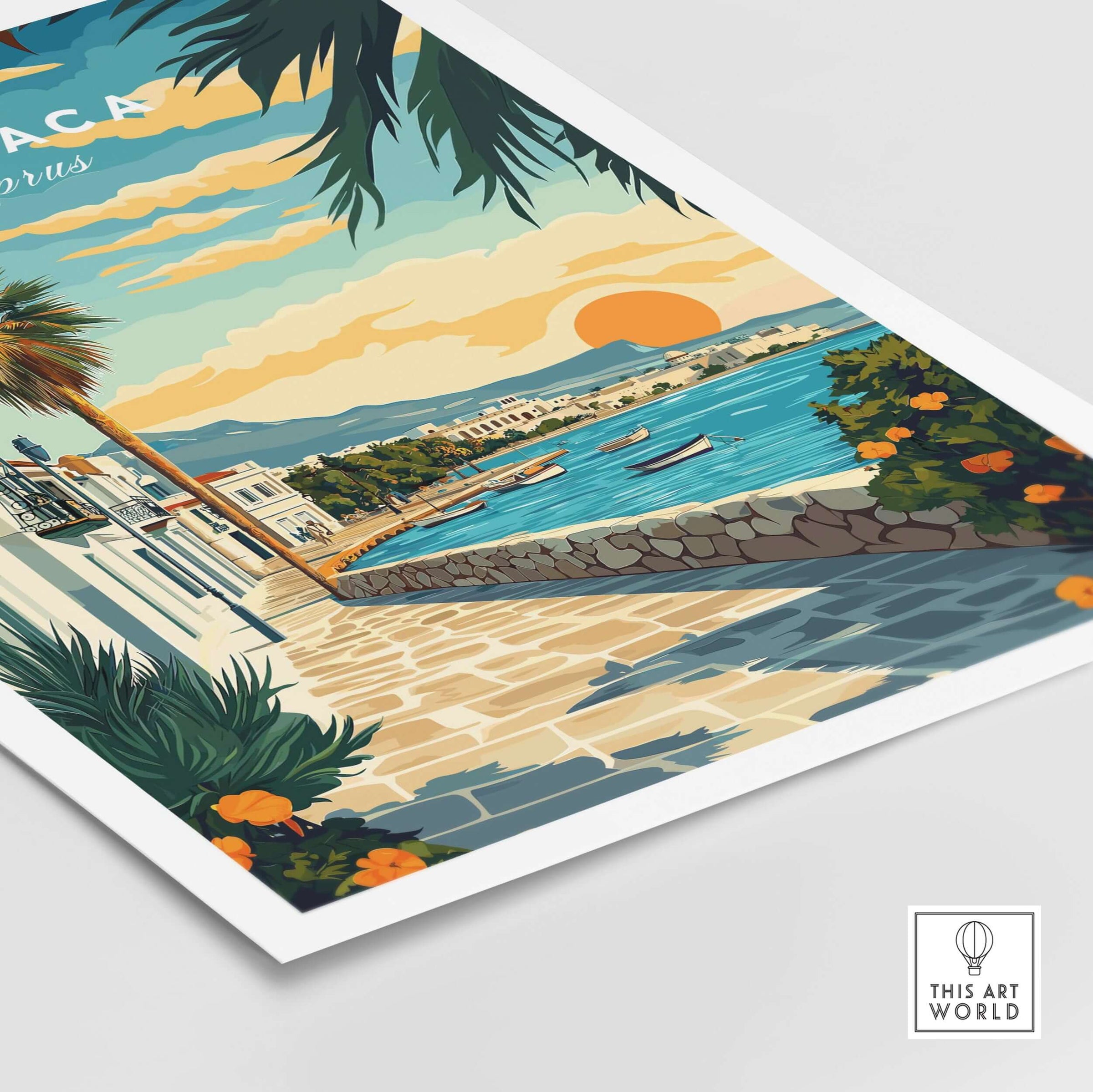 Larnaca Cyprus Sunset Print - Mediterranean Seascape Poster showcasing a vibrant sunset over the tranquil seascape.