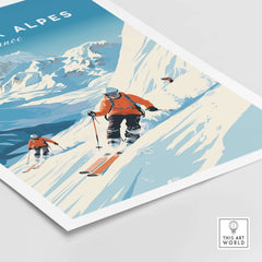 Vibrant Les Deux Alpes poster featuring skiers in action against stunning mountain scenery. Perfect for home decor.