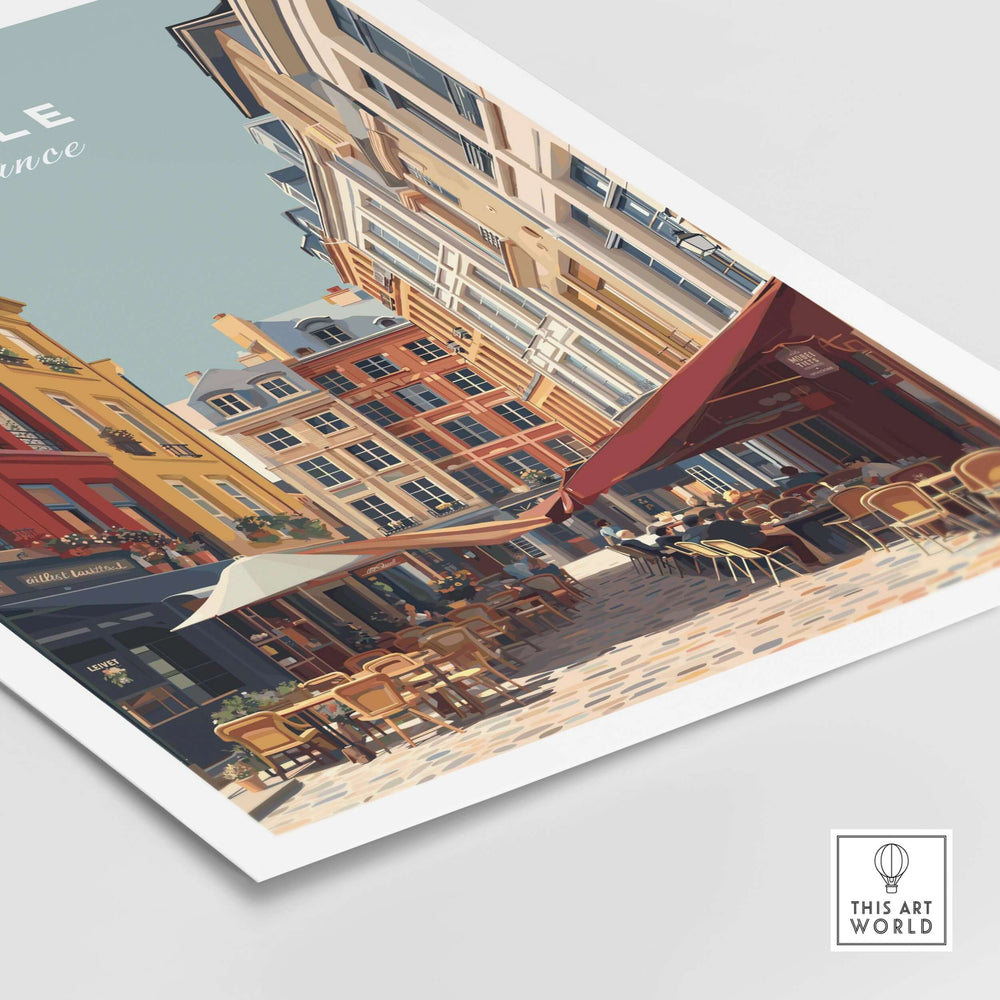 Lille France street scene print showcasing colorful architecture and outdoor cafes in the historic city center.