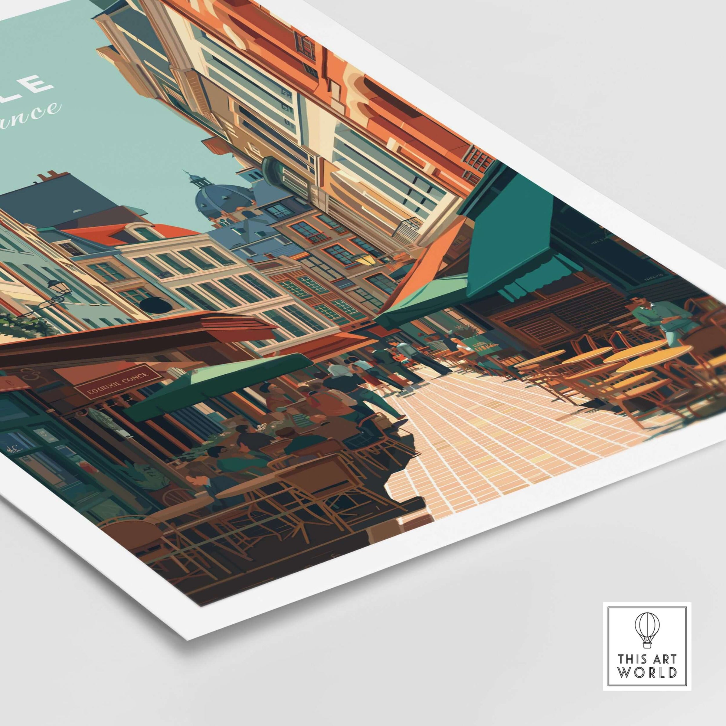 Lille France Old Town Square Poster - Charming European City Print featuring vibrant architecture and outdoor seating.