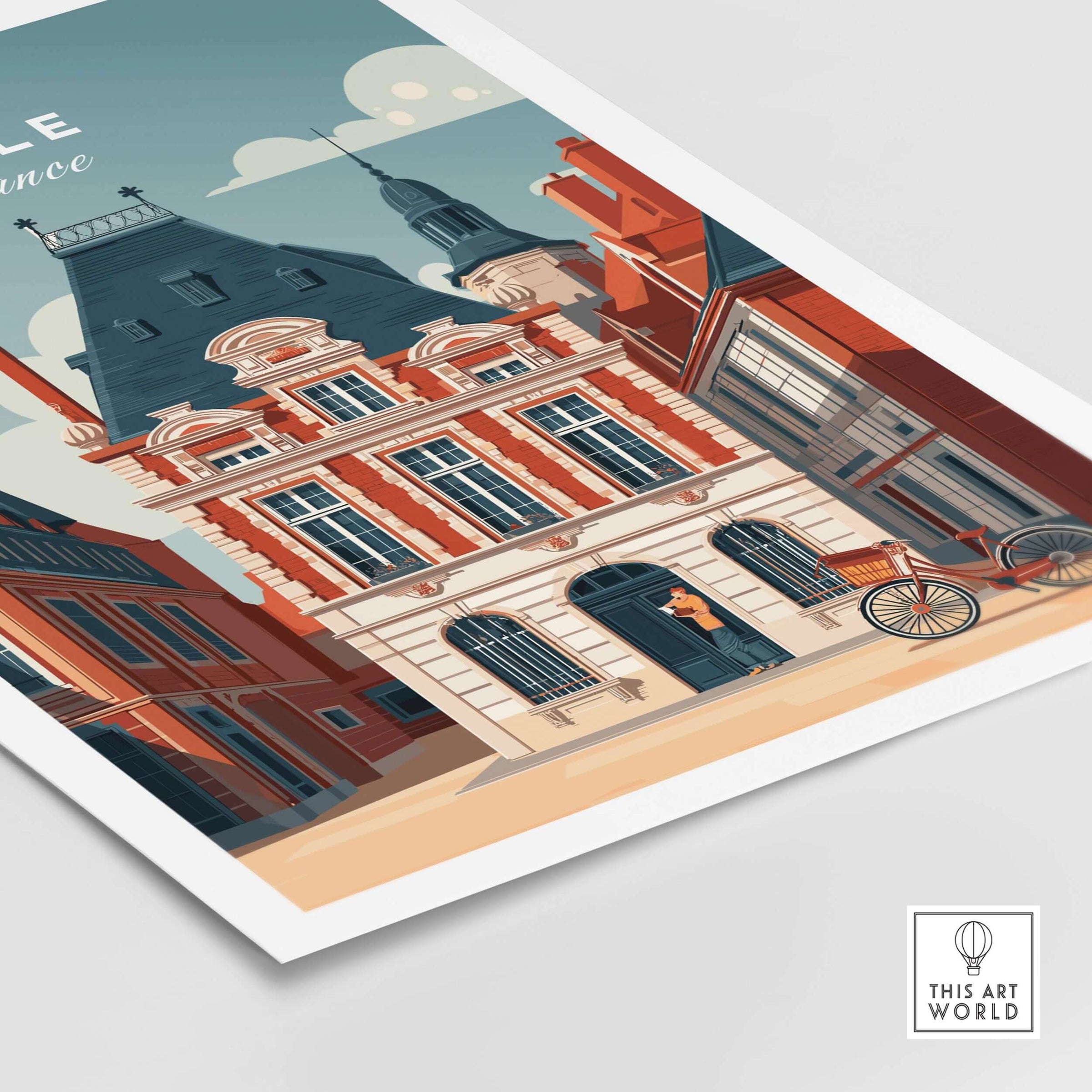 Lille France Print - Historic City Architecture Wall Art showcasing detailed city building illustration.