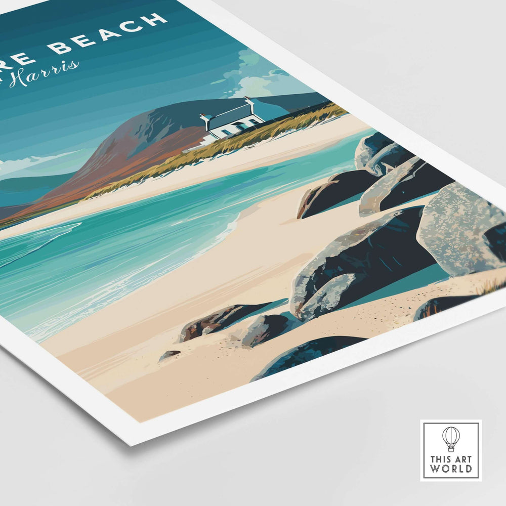 Luskentyre Beach print featuring white sand, coastal scenery, and a church on the Isle of Harris - Scottish wall art.