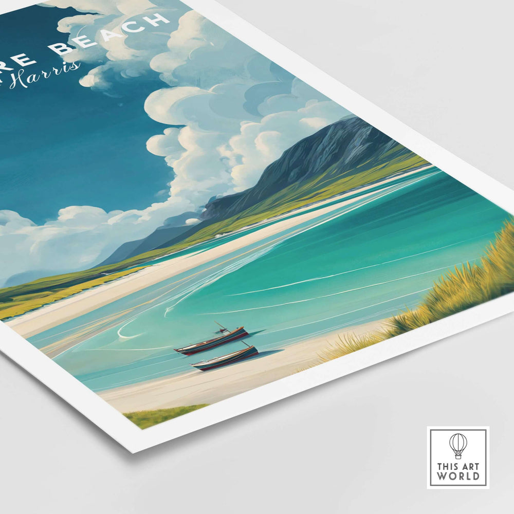 Luskentyre Beach print featuring serene coastal landscape with boats and vibrant waters on Isle of Harris.