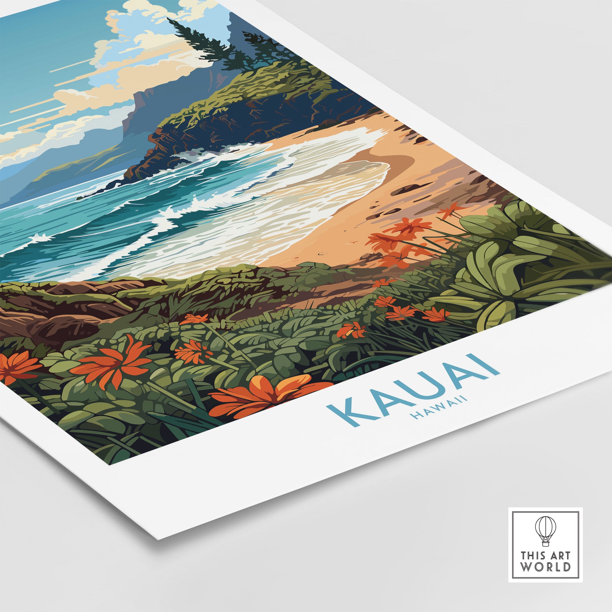 Kauai travel poster featuring lush landscapes and vibrant beaches in Hawaii, perfect for travel enthusiasts.