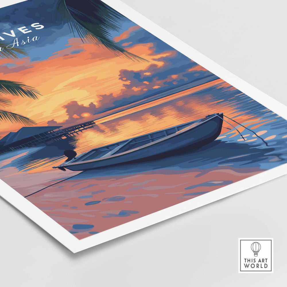 Maldives Travel Print - Sunset featuring a serene boat on a tranquil sea during a vibrant tropical sunset.