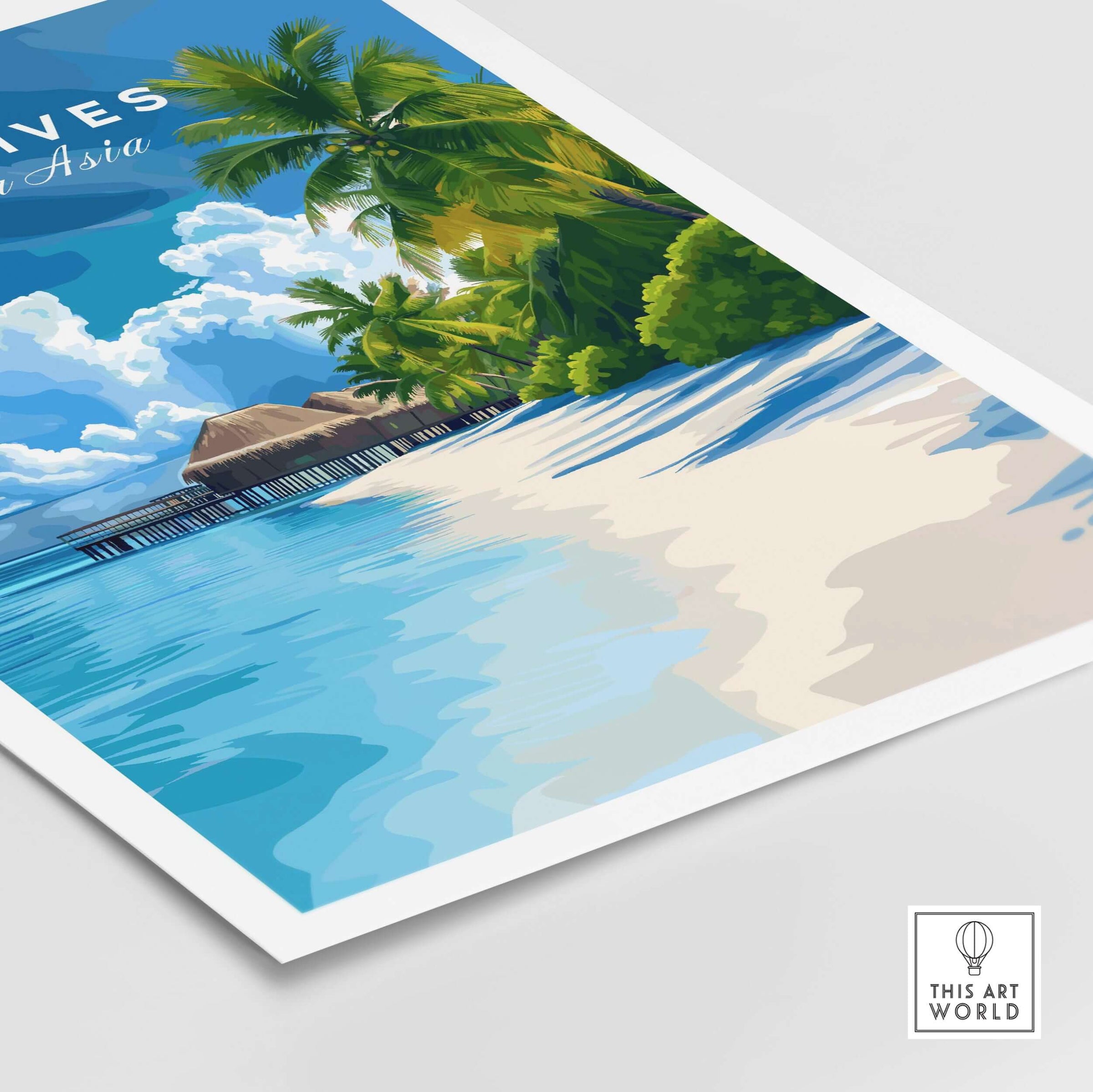 Maldives Print - Tropical Beach vibrant artwork featuring a serene beach and lush palm trees.