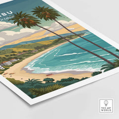 Malibu California Print - Beach Wall Art featuring a scenic view of the coast with palm trees and waves.