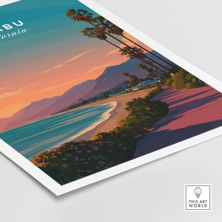 Malibu California beach sunset print with vibrant colors and serene coastal views along the Pacific Coast Highway.