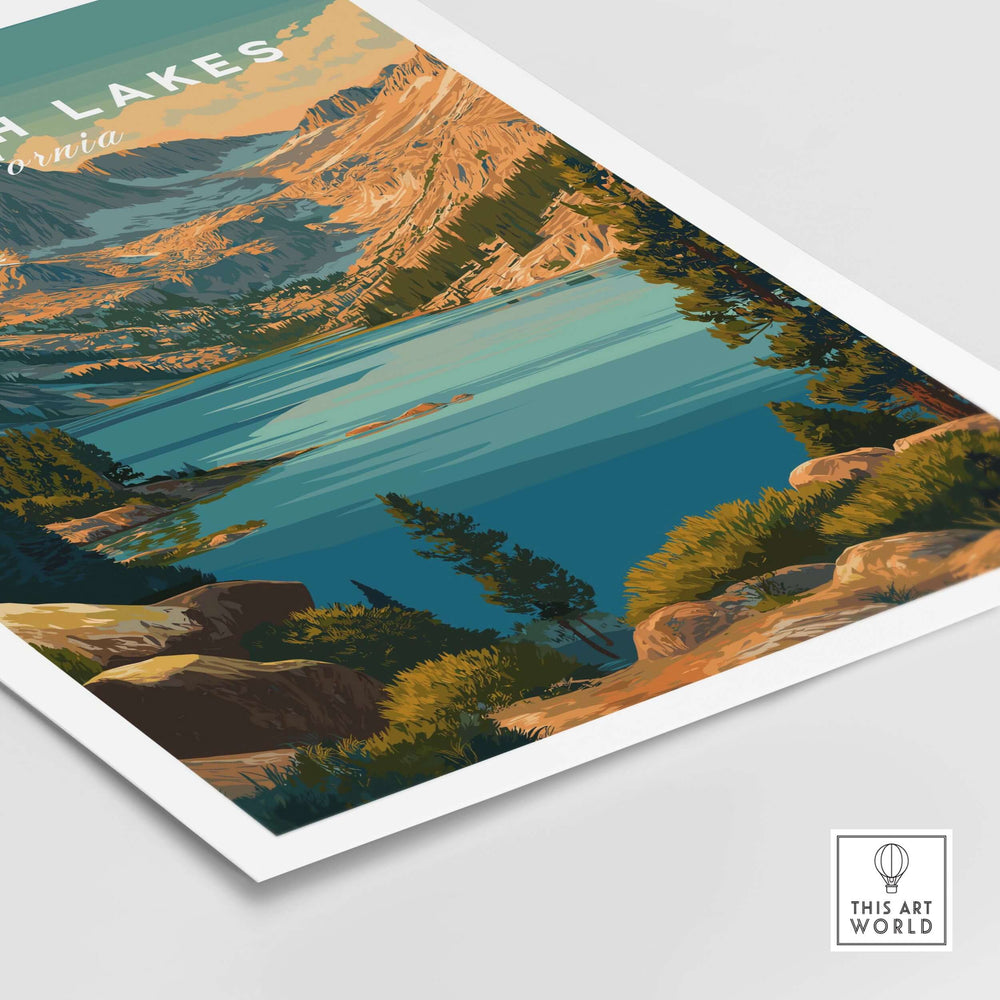 Mammoth Lakes poster showcasing serene mountains and blue lake, perfect rugged wall art for nature lovers.