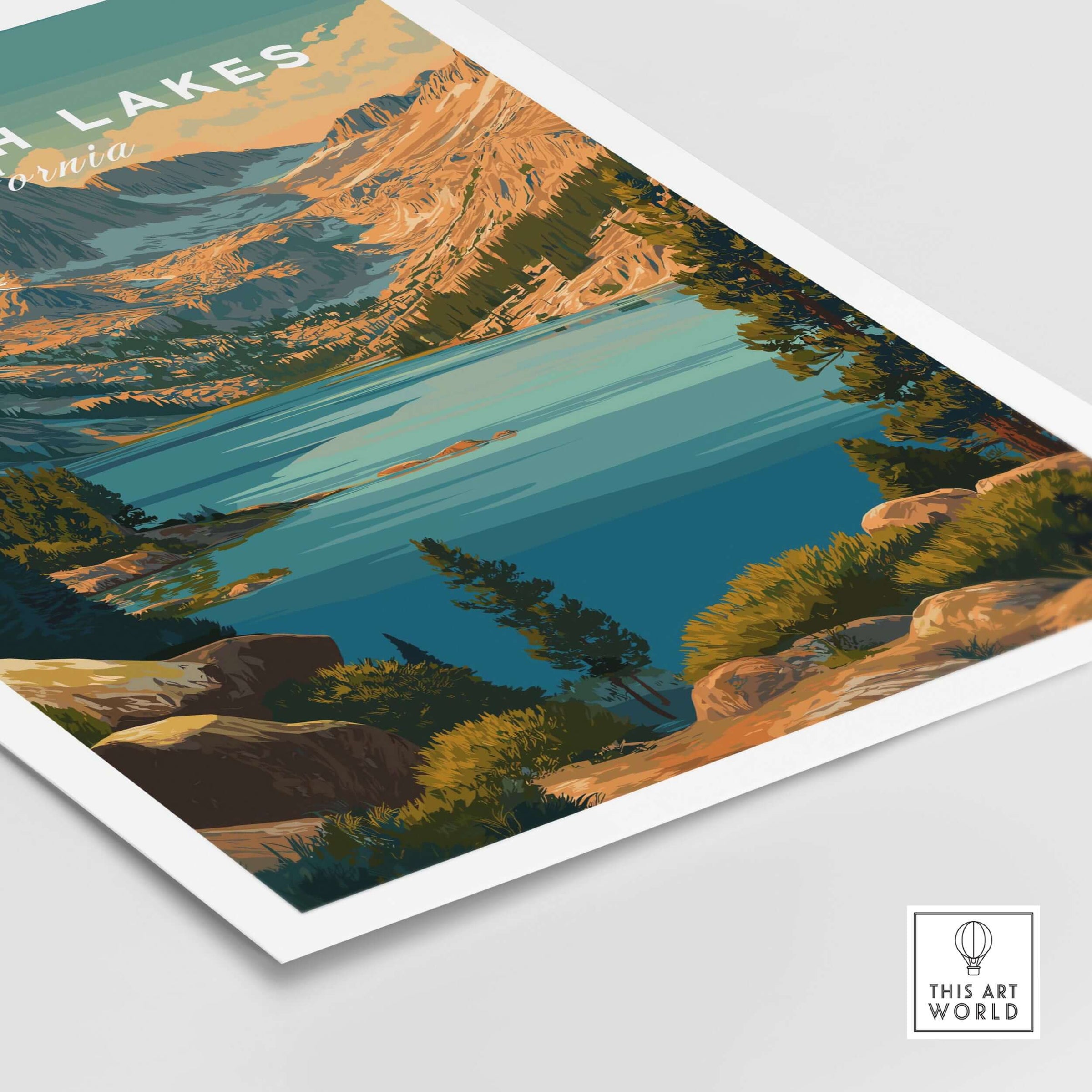 Mammoth Lakes Poster California - Rugged Mountain Wall Art featuring scenic mountains and a tranquil lake.