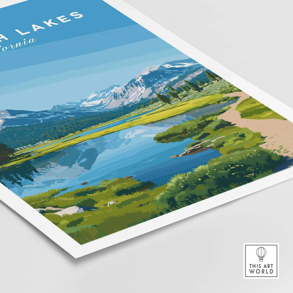 Mammoth Lakes California scenic mountain landscape print with serene lake and lush greenery.