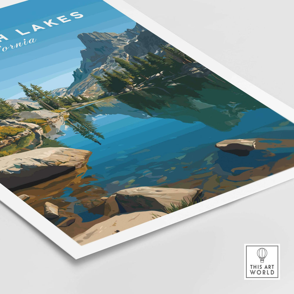 Mammoth Lakes California poster showcasing majestic mountains and serene lake reflections, perfect for nature enthusiasts.