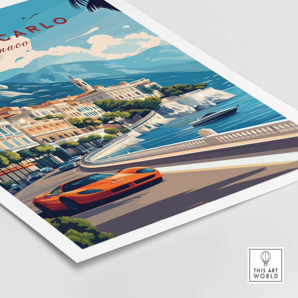 Monte Carlo travel poster featuring a vibrant cityscape and a stylish orange sports car.