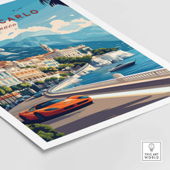 Monte Carlo Print Monaco - Riviera Travel Poster featuring a vibrant cityscape and sports car.