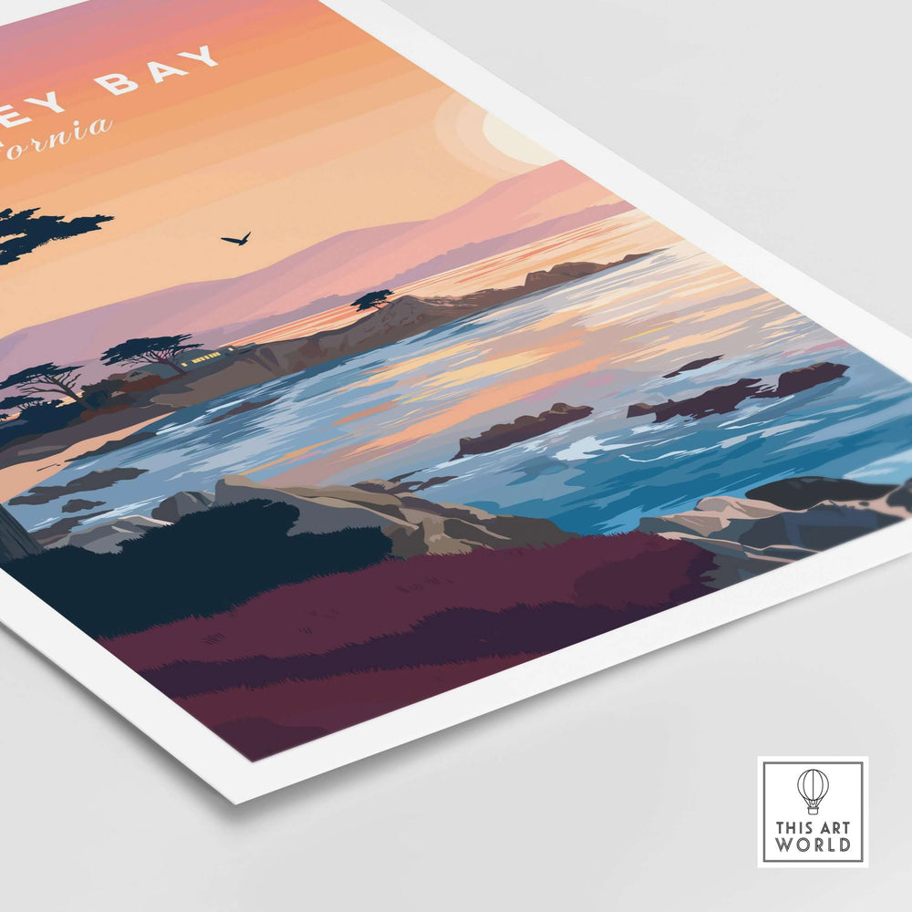 Monterey Bay California sunset coastline poster featuring cypress trees and vibrant skies, perfect for wall art decor.