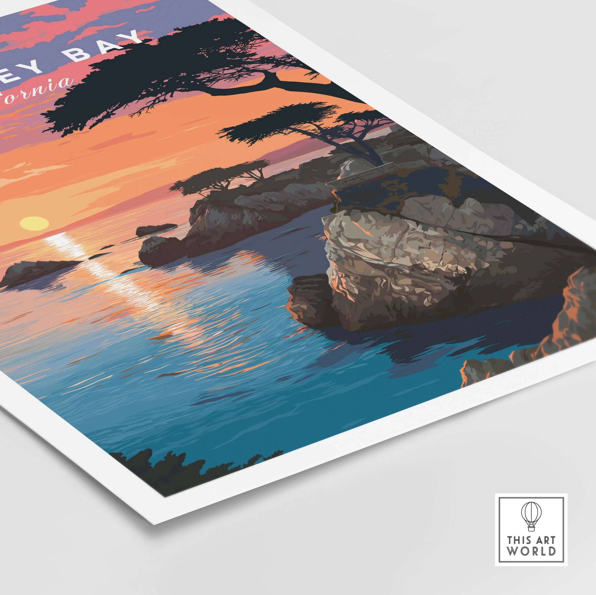 Monterey Bay Print California - Pacific Grove Wall Art showcasing a sunset over rocky coastline and tranquil waters.