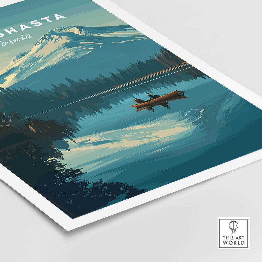 Mount Shasta California print featuring a serene lake view with mountains, perfect for peaceful wall art.