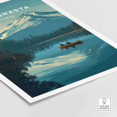 Mount Shasta California Print - Peaceful Mountain Wall Art featuring tranquil lake and majestic mountains.