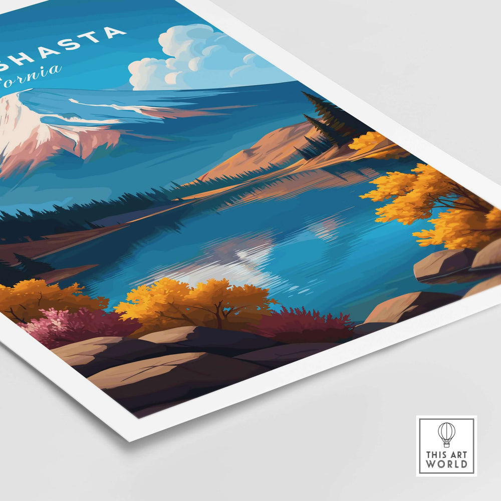 Mount Shasta wall art print featuring vibrant colors, majestic mountain, and serene lake in California