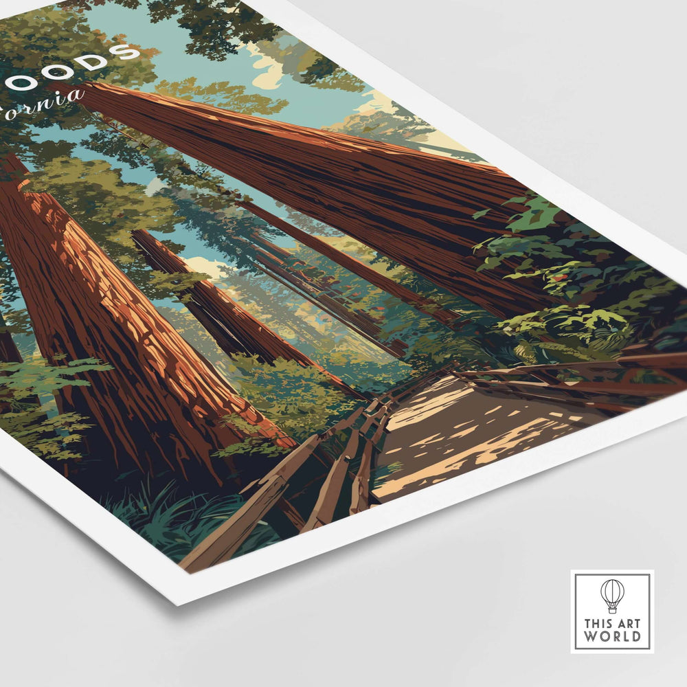 Muir Woods California Redwood Forest print showcasing towering giant trees and serene pathways in vibrant colors.