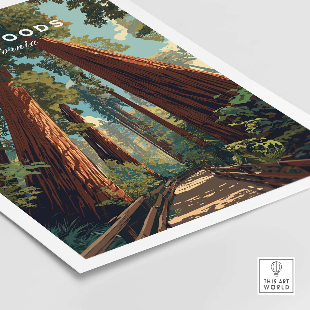 Muir Woods California Redwood Forest print showcasing towering giant trees and serene pathways in vibrant colors.