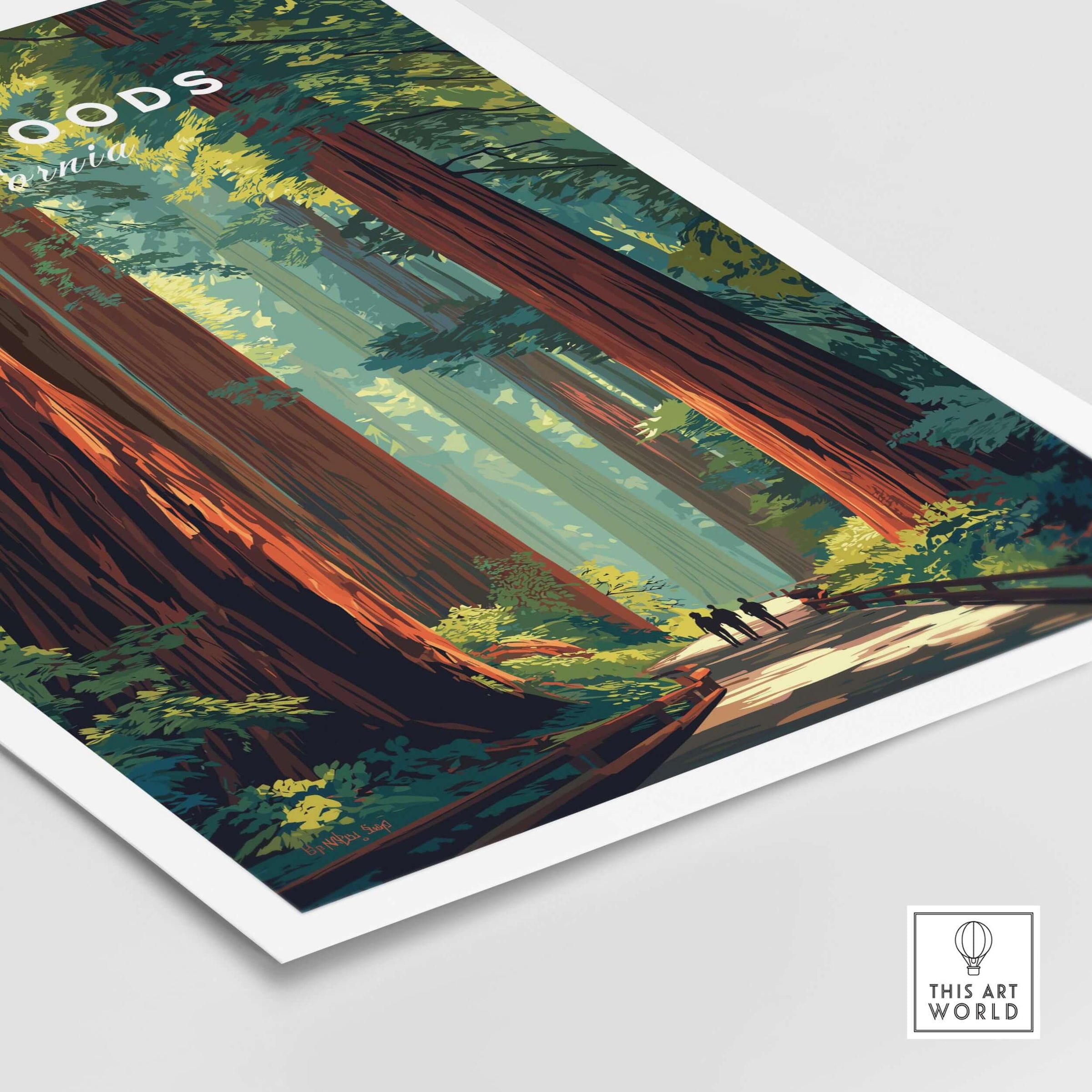 Muir Woods Poster California - Redwood Wall Art featuring towering trees and serene forest scenery in vibrant colors.