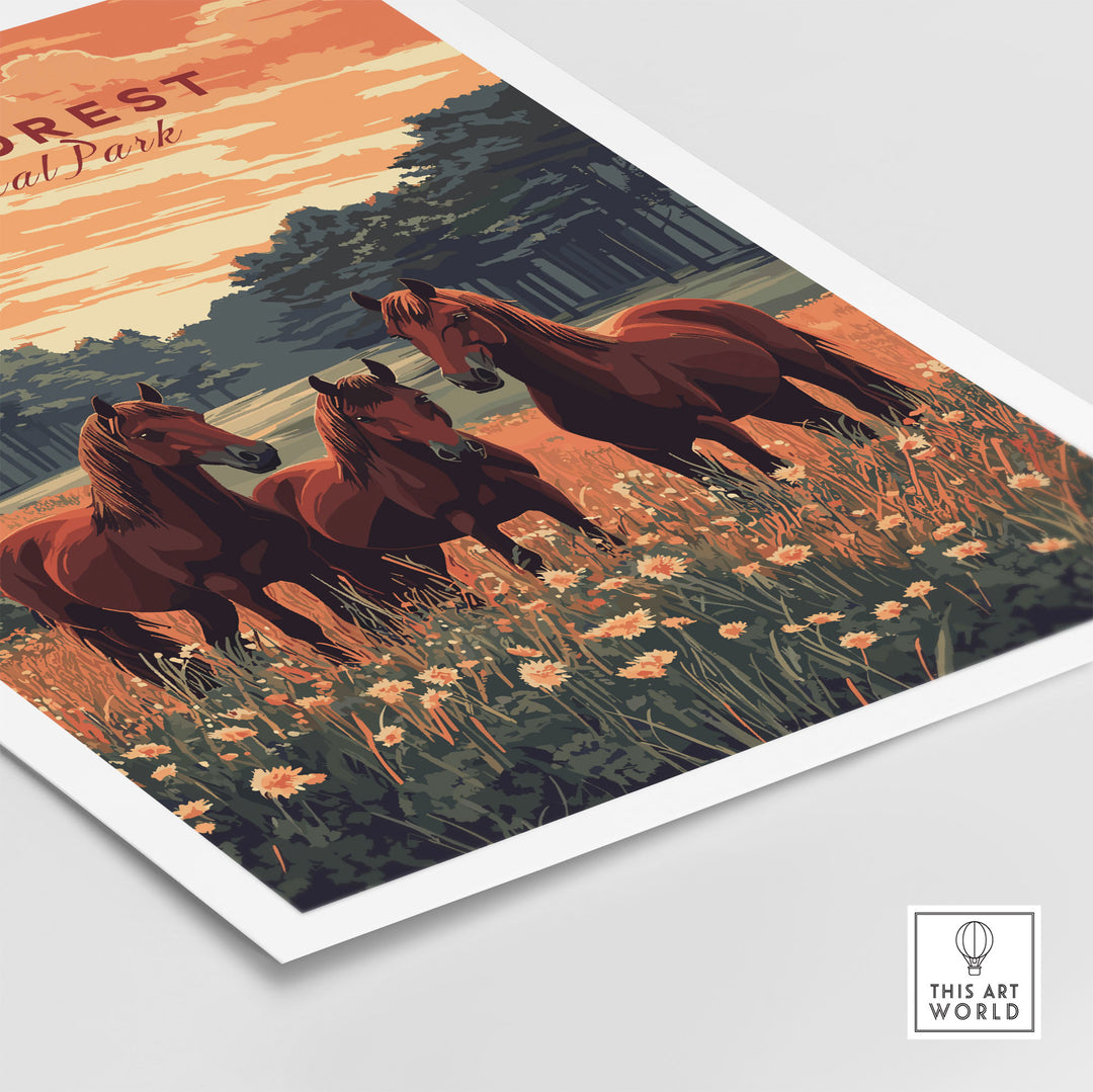 New Forest Print featuring horses in nature, capturing the essence of the UK National Park in a stunning poster.