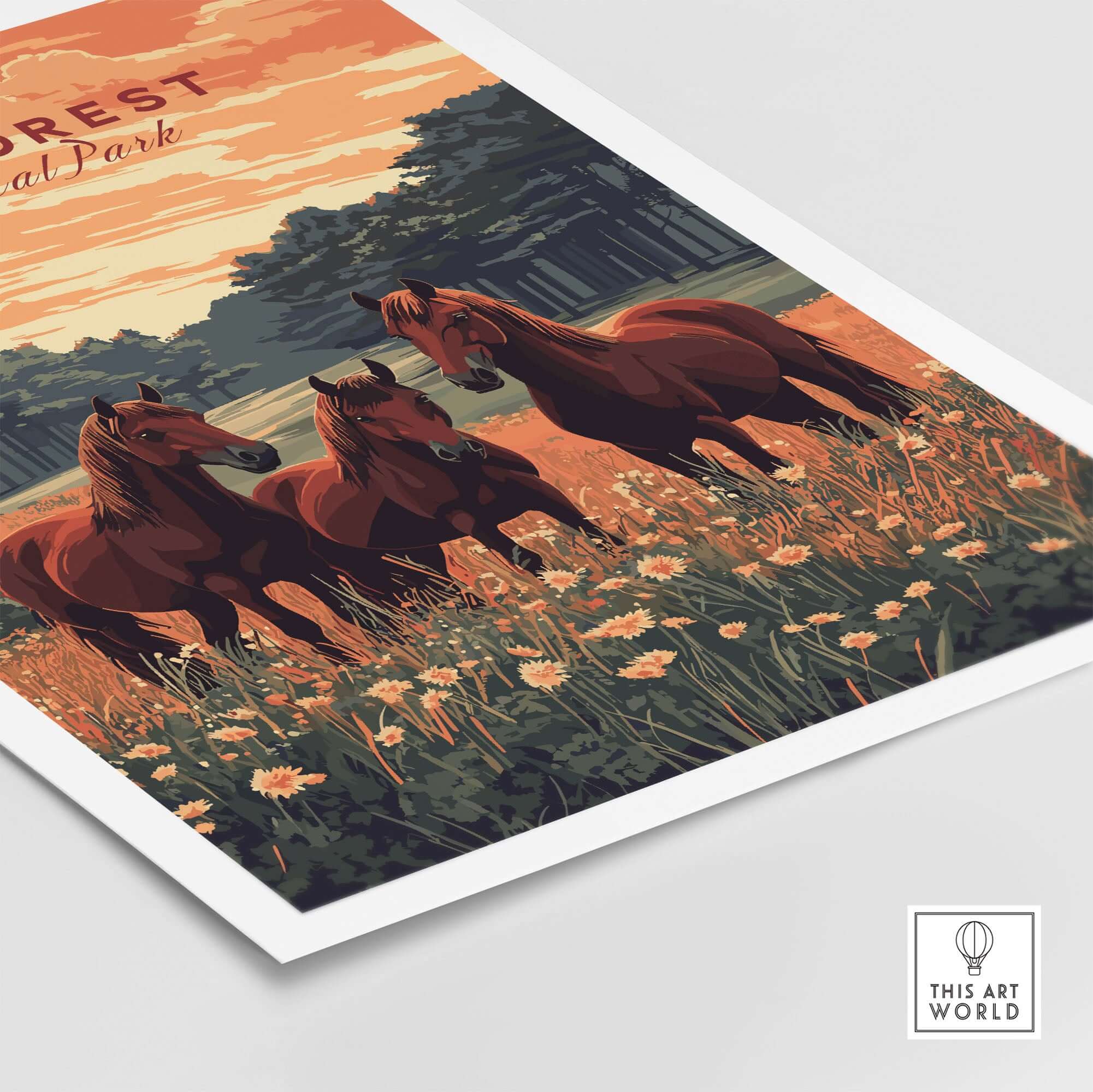 New Forest Print featuring three horses in a meadow, showcasing the beauty of the natural landscape.