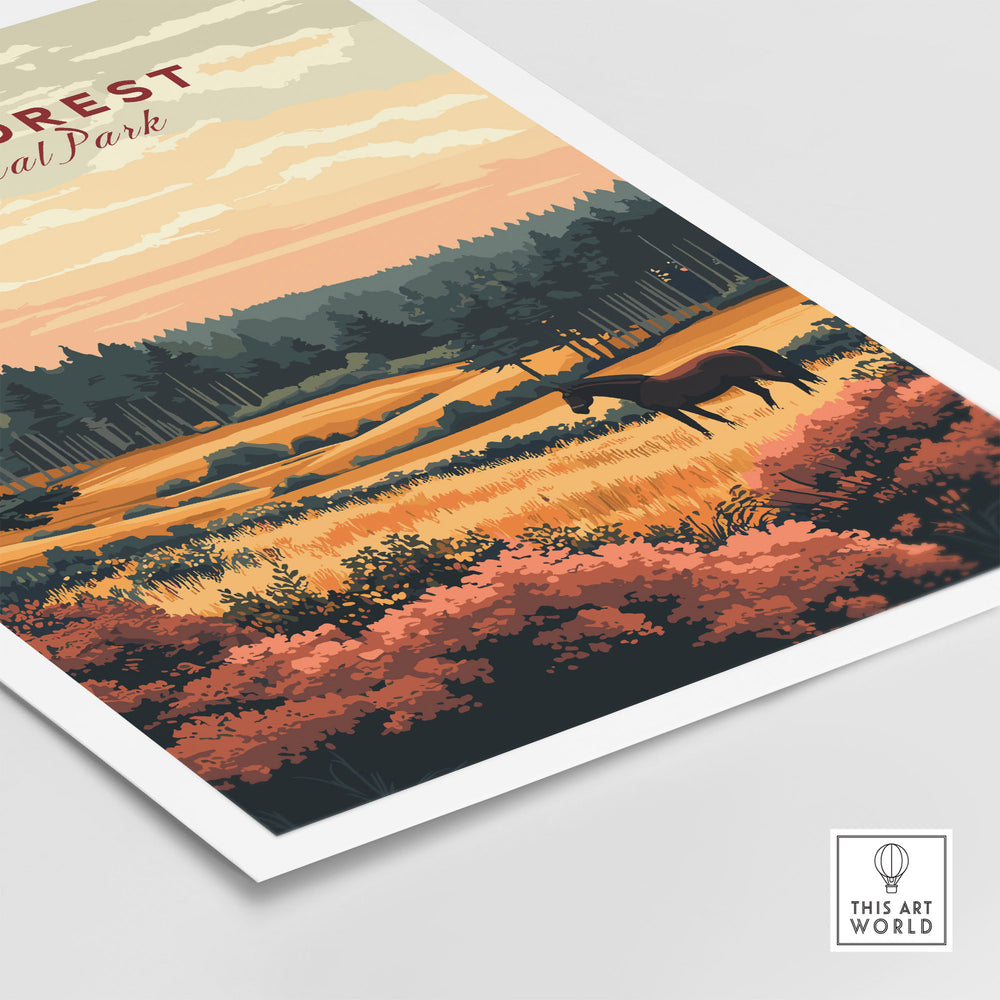 New Forest England National Park print featuring a scenic landscape with trees and horses, ideal for UK nature lovers and home decor.