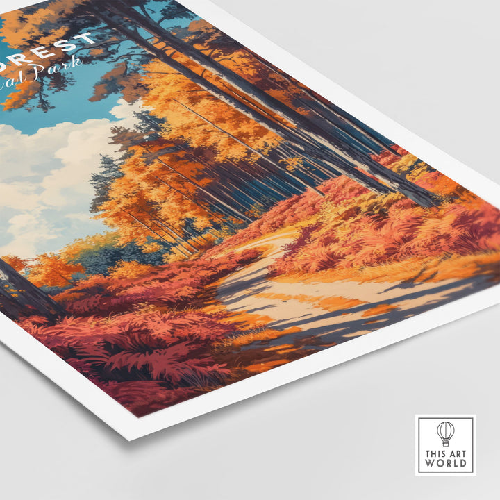 New Forest Travel Poster England showcasing vibrant autumn landscape, perfect for travel lovers' UK wall art collection.