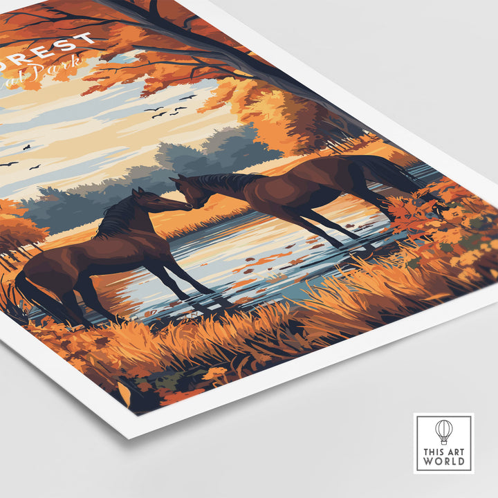 New Forest Wall Art Print featuring horses by a serene lake, showcasing autumn colors and tranquil nature scenery.