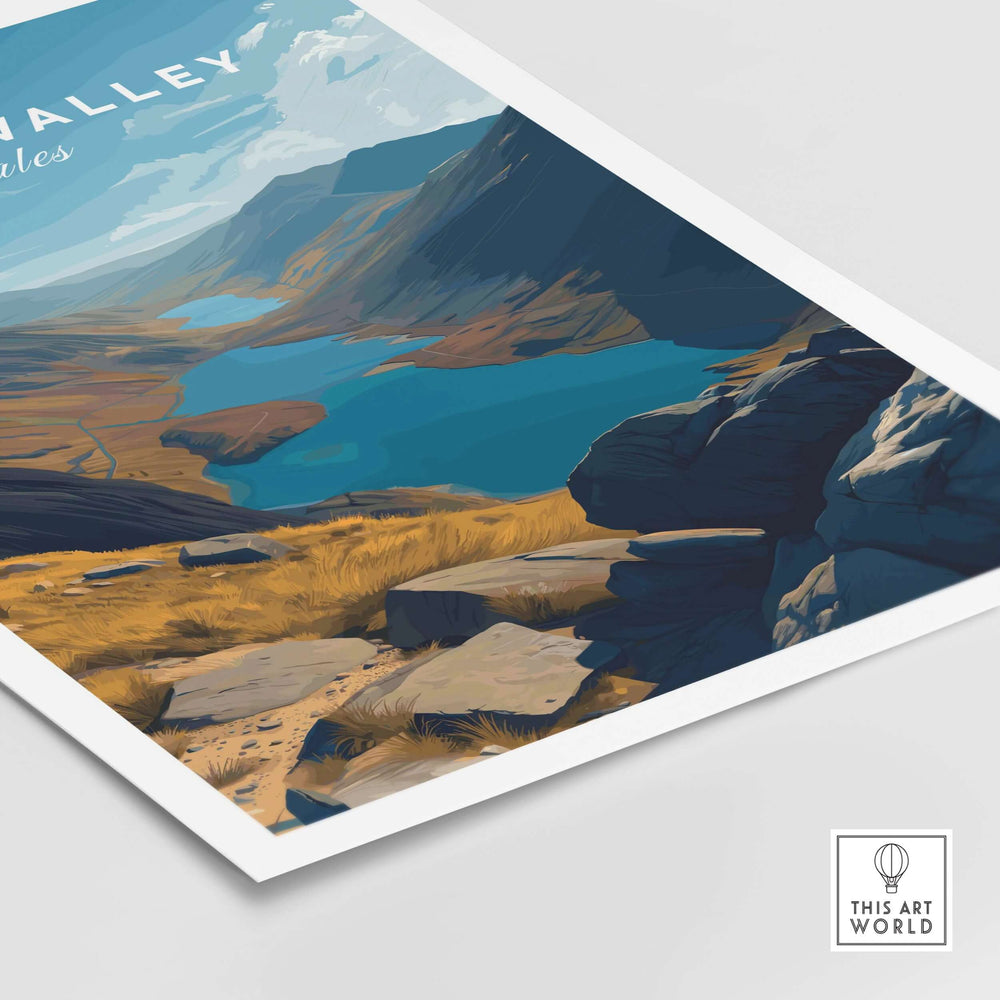 Ogwen Valley print featuring stunning mountain lakes and landscapes of Snowdonia, perfect for wall art enthusiasts.