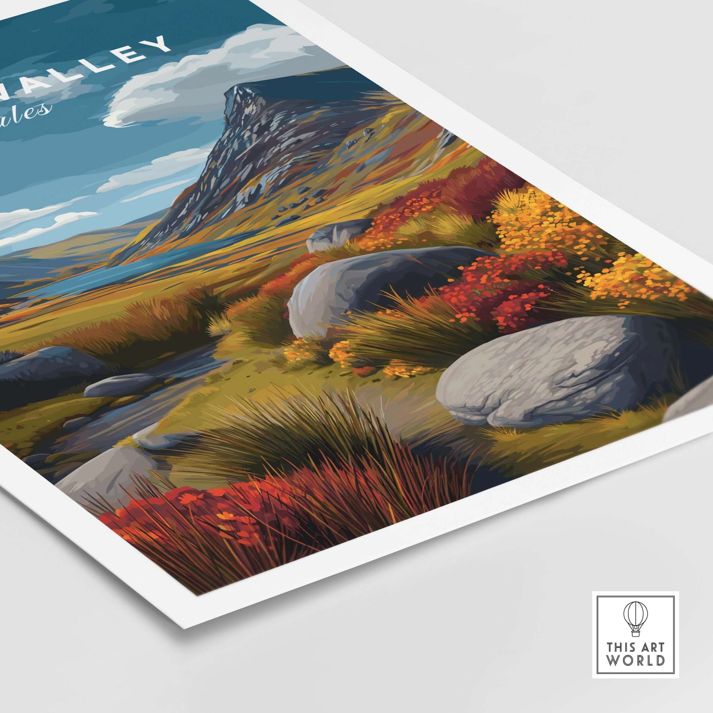 Ogwen Valley Wales Print Stream & Mountainside - Colorful Highland Landscape Poster featuring vibrant scenery and rocky foreground.