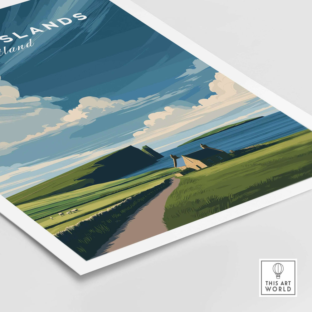 Orkney Islands coastal cottage print showcasing green hills and tranquil sea, ideal for nature enthusiasts.