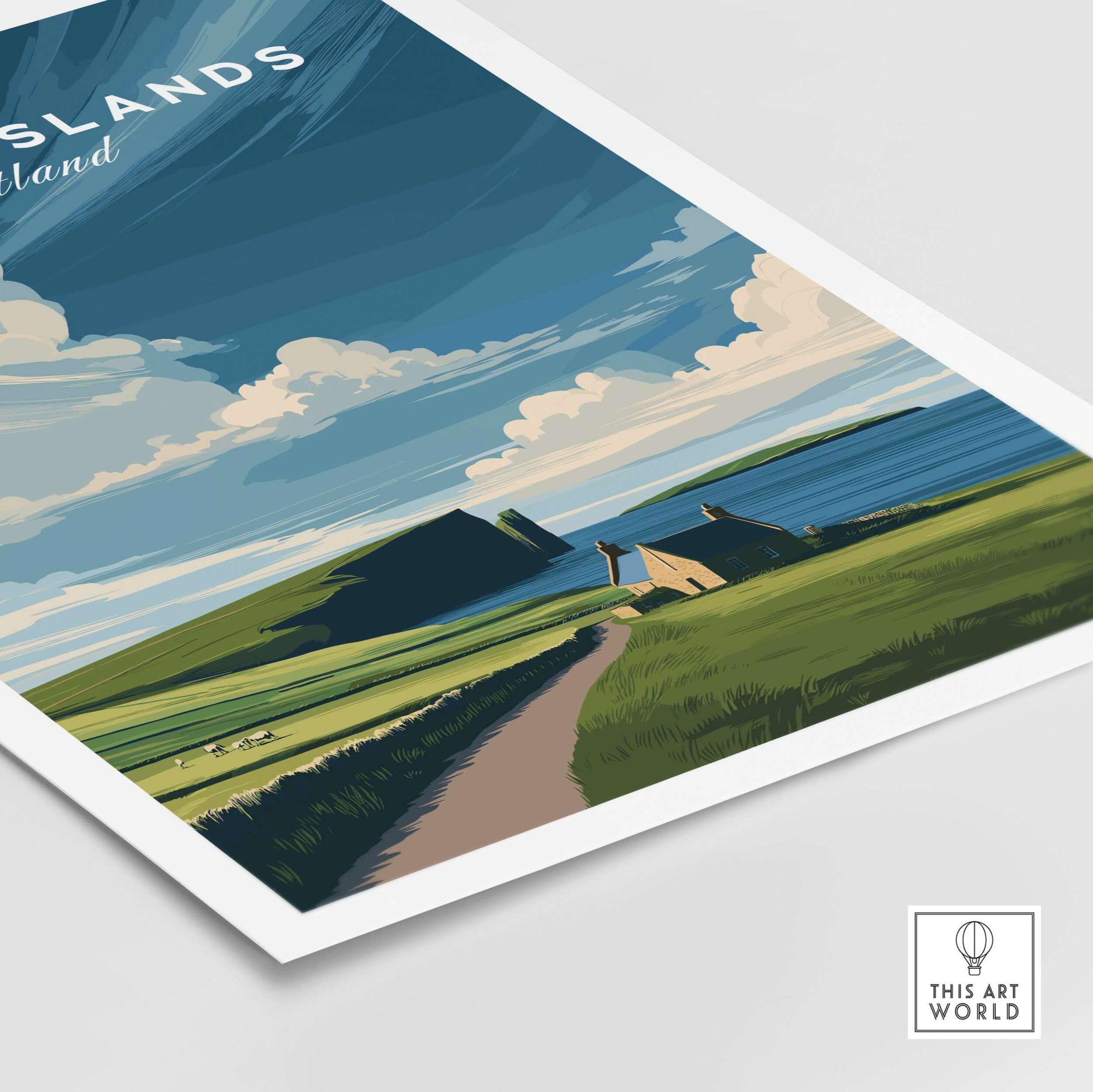 Orkney Islands Coastal Cottage Print - Green Hills Scotland Poster featuring a serene landscape with a Scottish cottage.