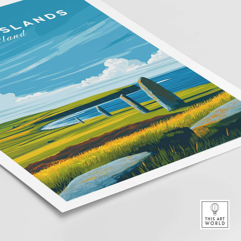 Orkney Islands standing stones print showcasing prehistoric landmarks in Scotland's vibrant landscape.