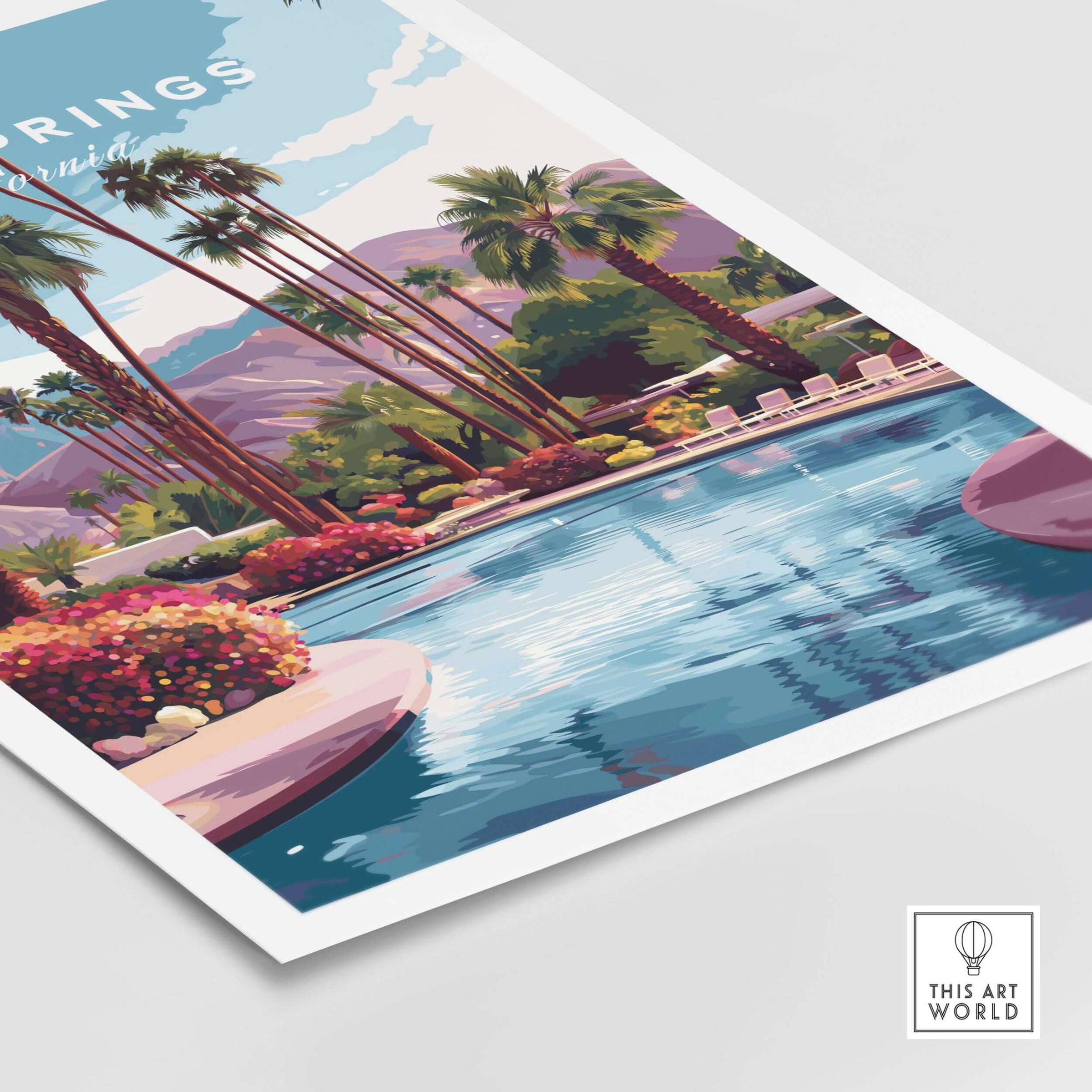 Palm Springs California Tropical Poolside Print - Mountain Landscape Wall Art featuring a serene pool and vibrant palm trees.