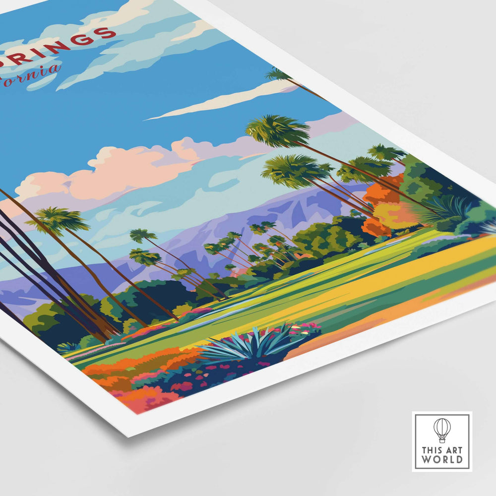 Palm Springs Golf Course poster showcasing vibrant desert landscape and mountains, perfect for golf enthusiasts.