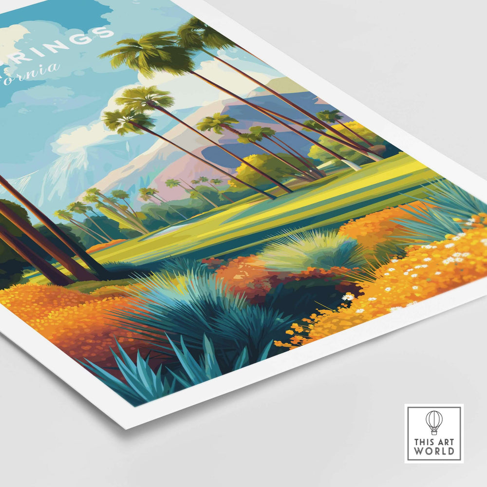Palm Springs golf course mountain view print showcasing vibrant desert landscape and palm trees.