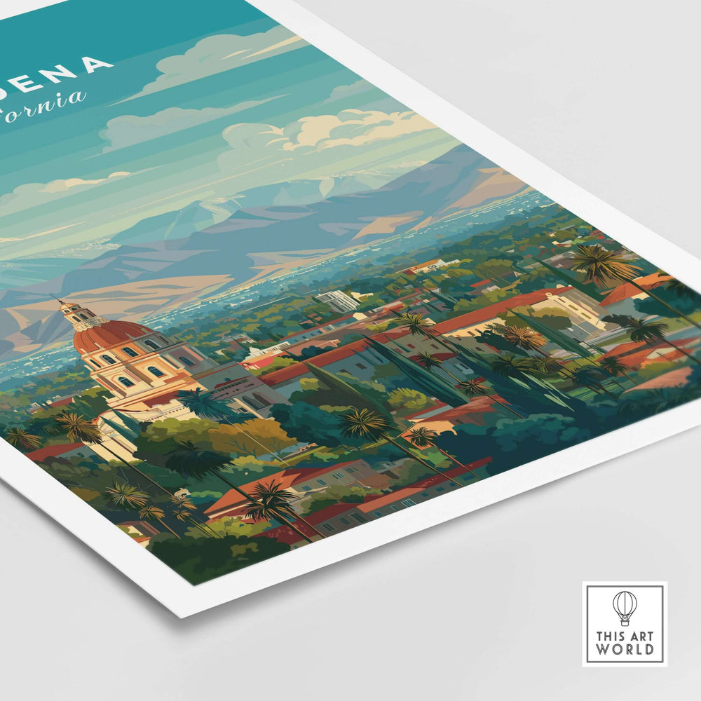 Pasadena California City Hall print with San Gabriel Mountains in the background, showcasing architectural elegance and nature.