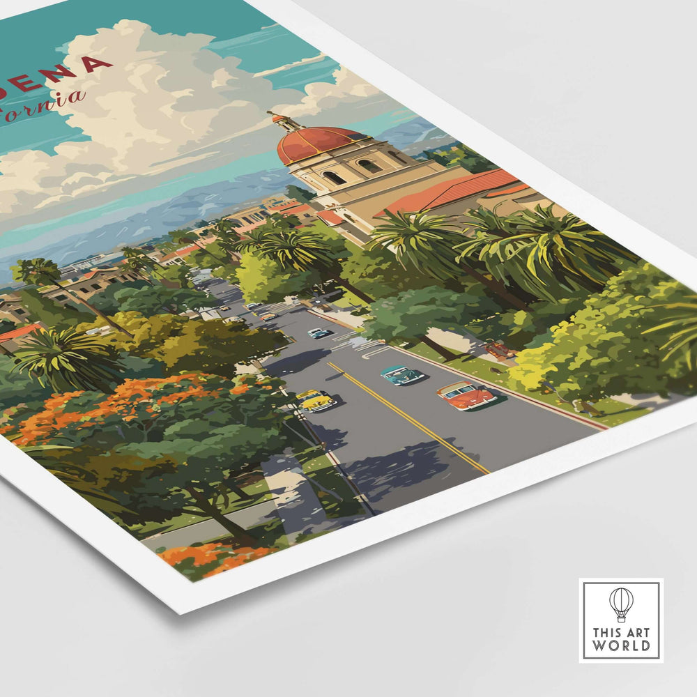 Pasadena cityscape poster showcasing vibrant streets and iconic landmarks of California.