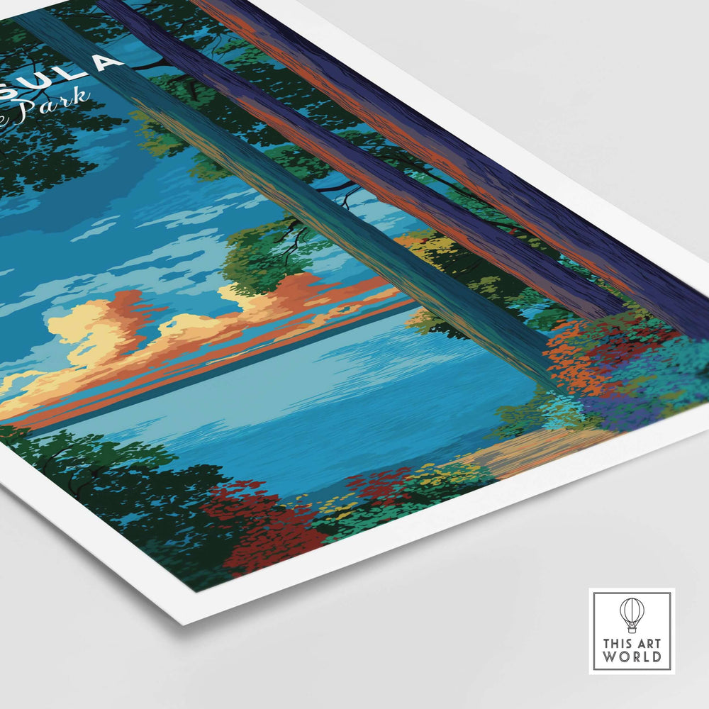 Peninsula State Park sunset poster featuring a forest path and Lake Michigan landscape artwork.