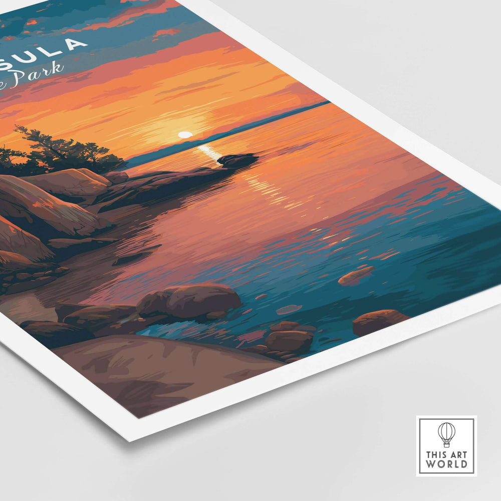 Peninsula State Park sunset print showcasing vibrant colors over Wisconsin's rocky shoreline and water.