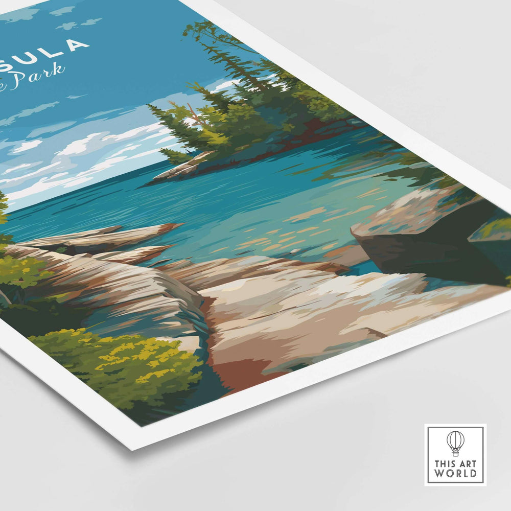 Peninsula State Park print featuring rocky coastline and vibrant blue waters, perfect for nature lovers.