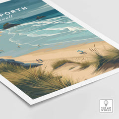 Perranporth Cornwall Sandy Beach Dunes Print - Cornish Coastal Wall Art showcasing serene beach and dunes.