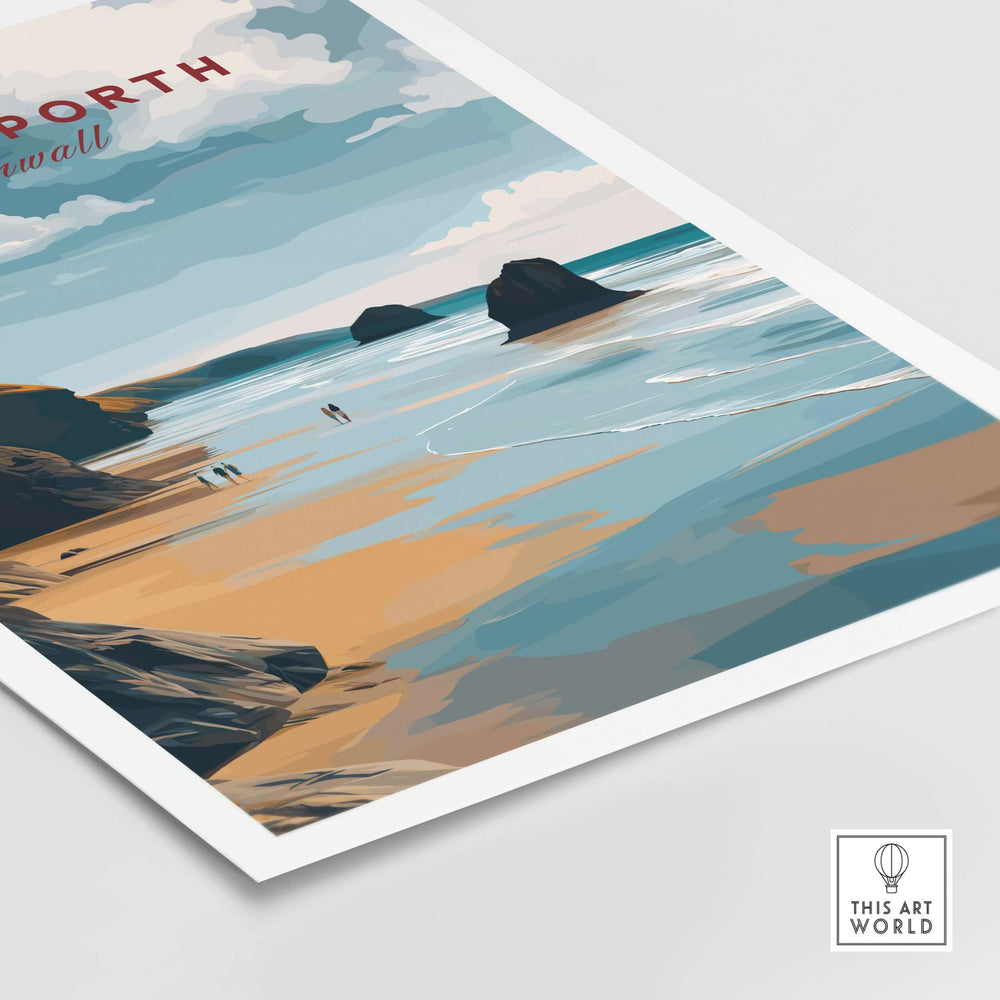 Perranporth Low Tide Beach poster showcasing a serene Cornish coastline with dramatic clouds and sandy shore.