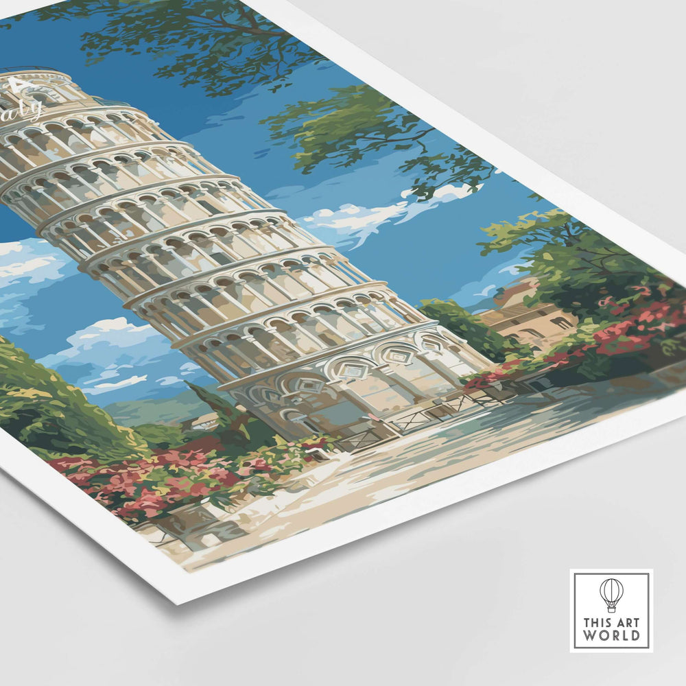 Leaning Tower of Pisa print showcasing the iconic Italian landmark surrounded by vibrant flowers and blue sky.
