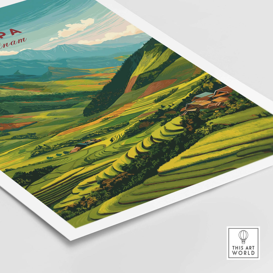Sa Pa Vietnam poster featuring vibrant rice terraces and green mountains, perfect wall art for nature lovers.