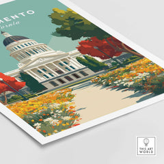 Sacramento California State Capitol Building Print - California Landmark Wall Art featuring vibrant flowers and a clear sky.