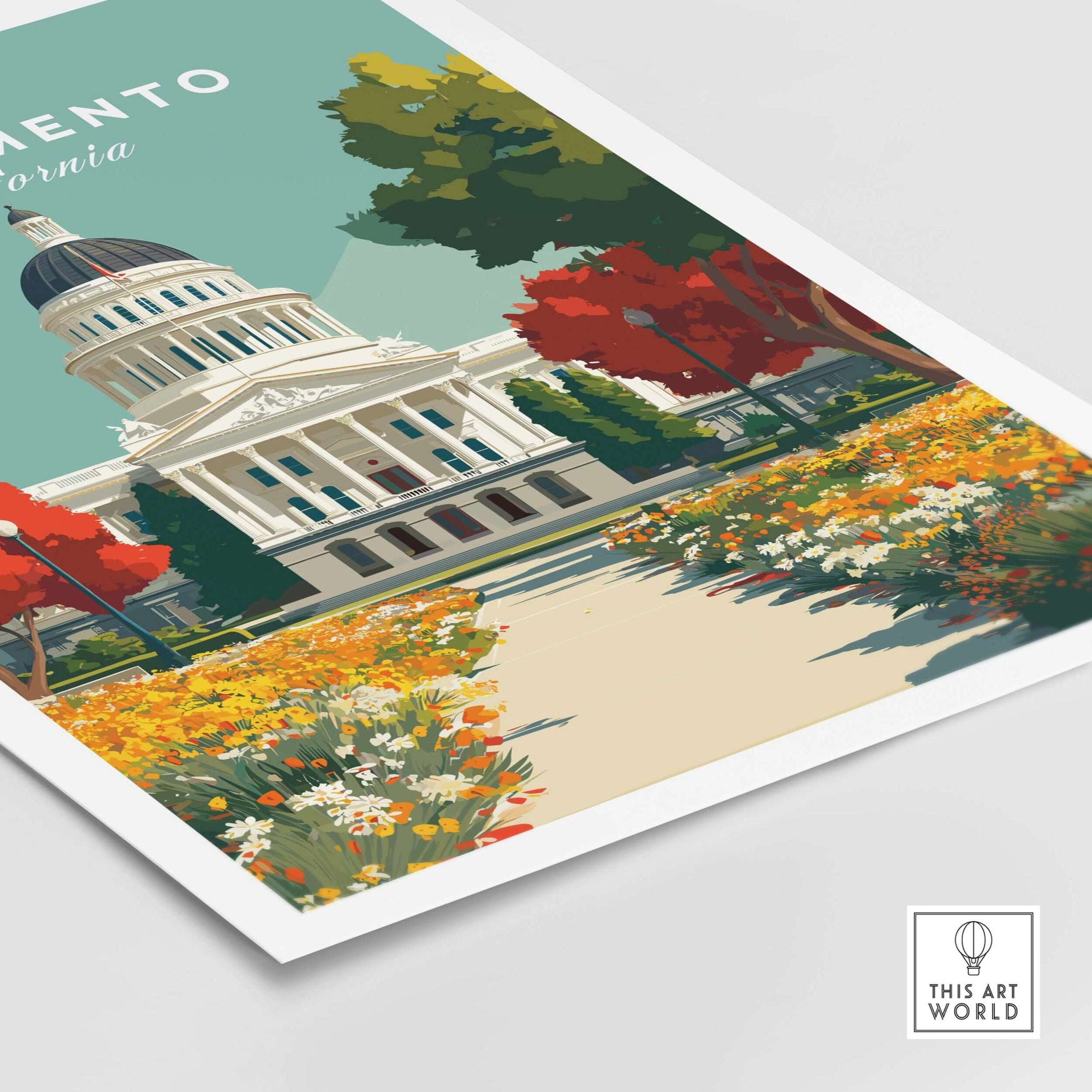 Sacramento California State Capitol Building Print - California Landmark Wall Art featuring vibrant flowers and a clear sky.